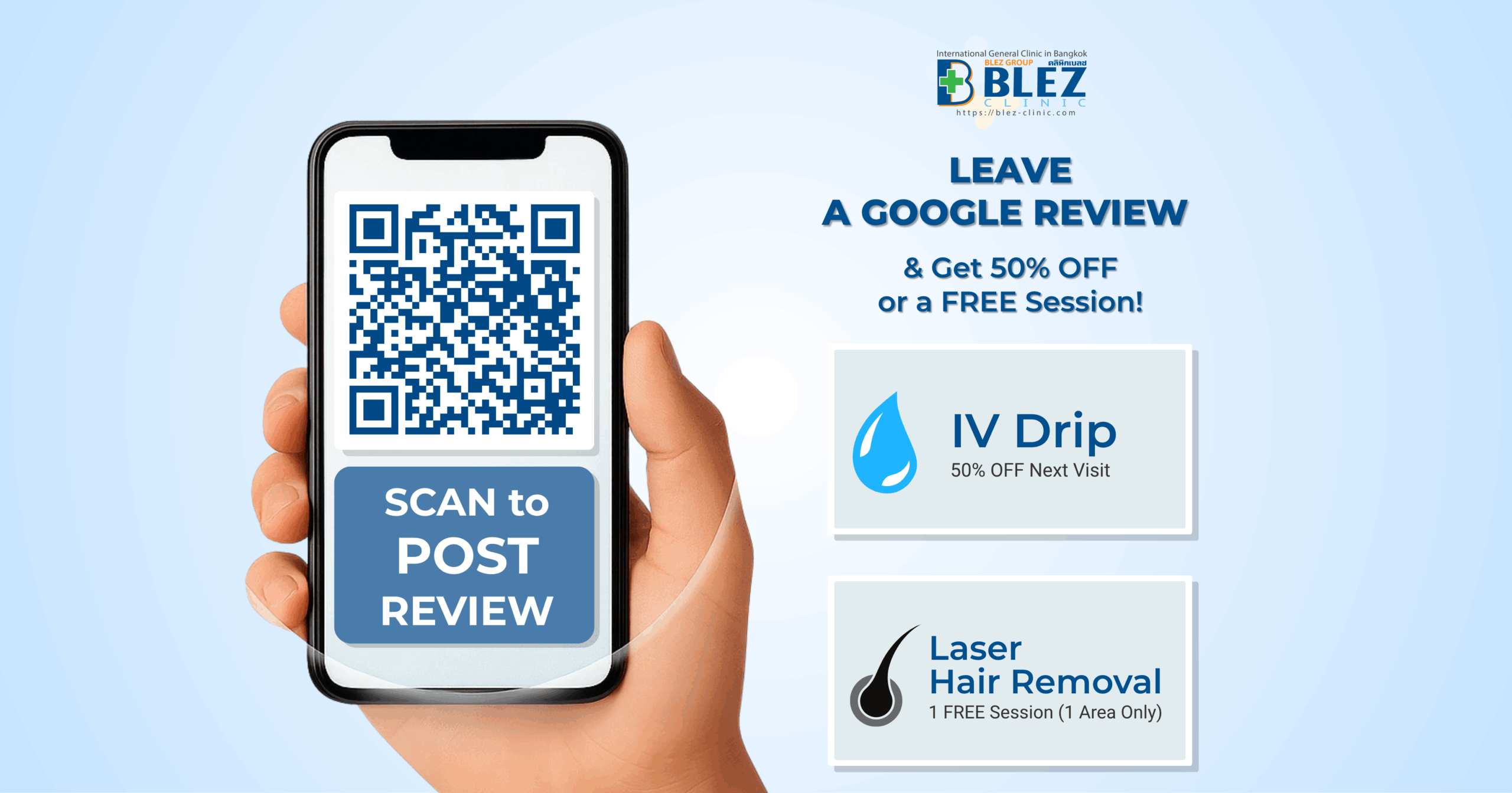 Google Review Reward - Get 50% OFF IV Drip or FREE Laser Session at BLEZ Clinic Bangkok