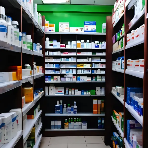 Pharmacy in Thailand with antibiotics on shelves